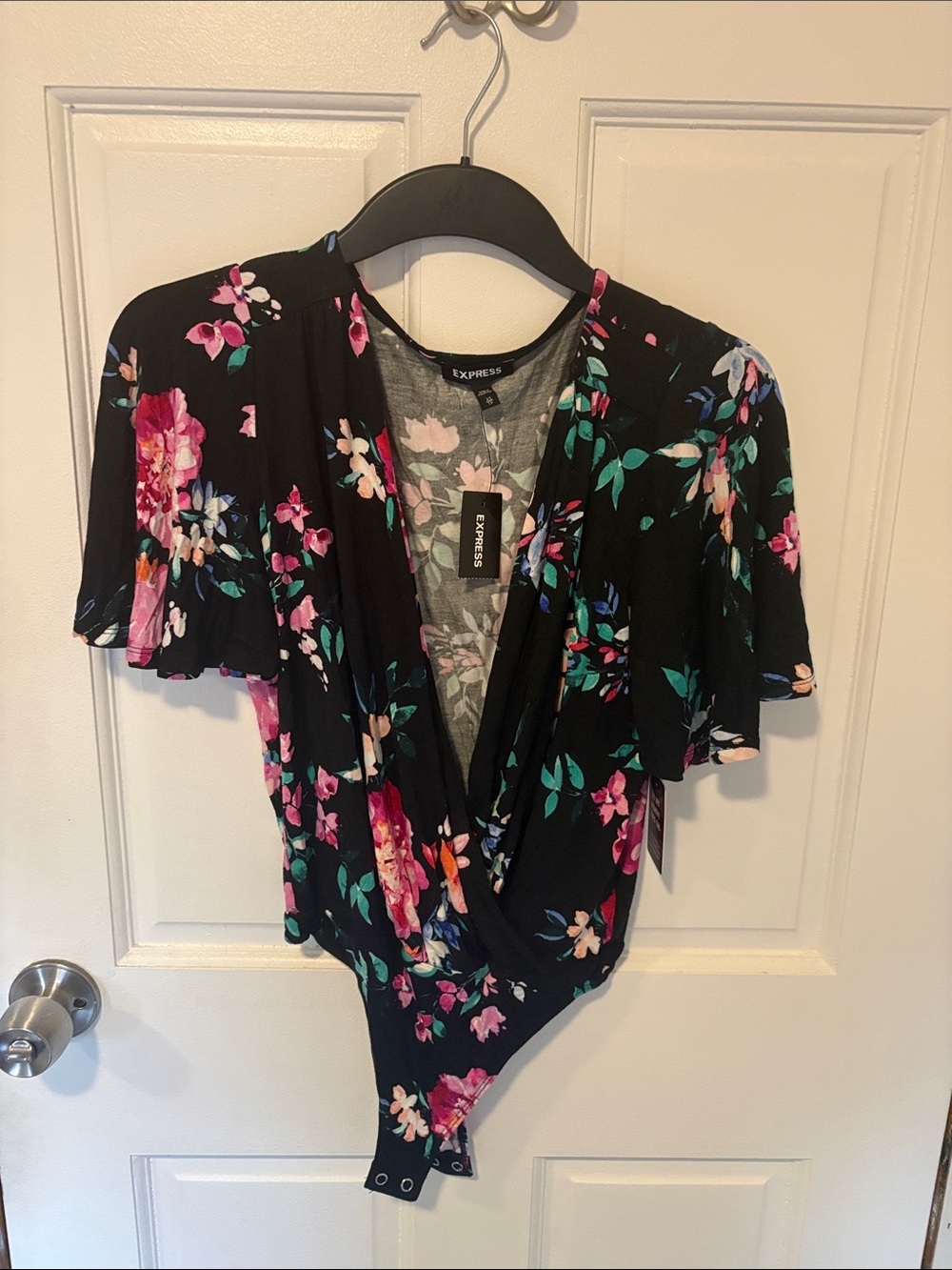 Express Black Floral Wrap Bodysuit - Pink & Green Floral Print